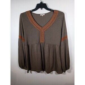 Entro Long Balloon Sleeve Olive Green Lace Up Suede Babydoll Top Size Large